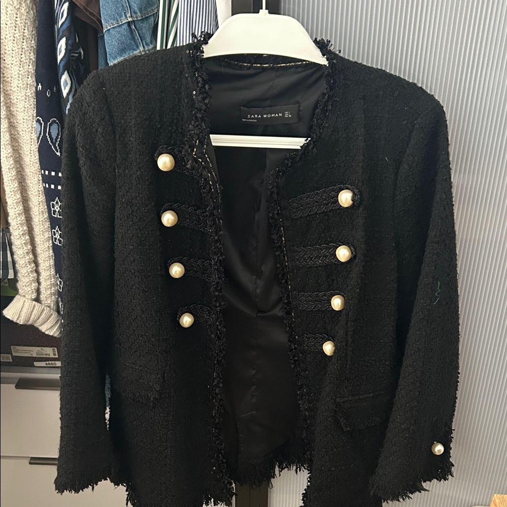 Zara Women Black Tweed Jacket with Pearl Buttons
